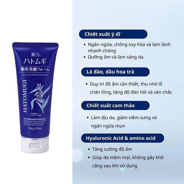 Sữa rửa mặt Hatomugi The Medicated Facial Foam 130g ngừa mụn dưỡng ẩm làm sáng da