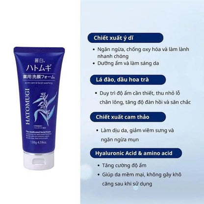 Sữa rửa mặt Hatomugi The Medicated Facial Foam 130g ngừa mụn dưỡng ẩm làm sáng da